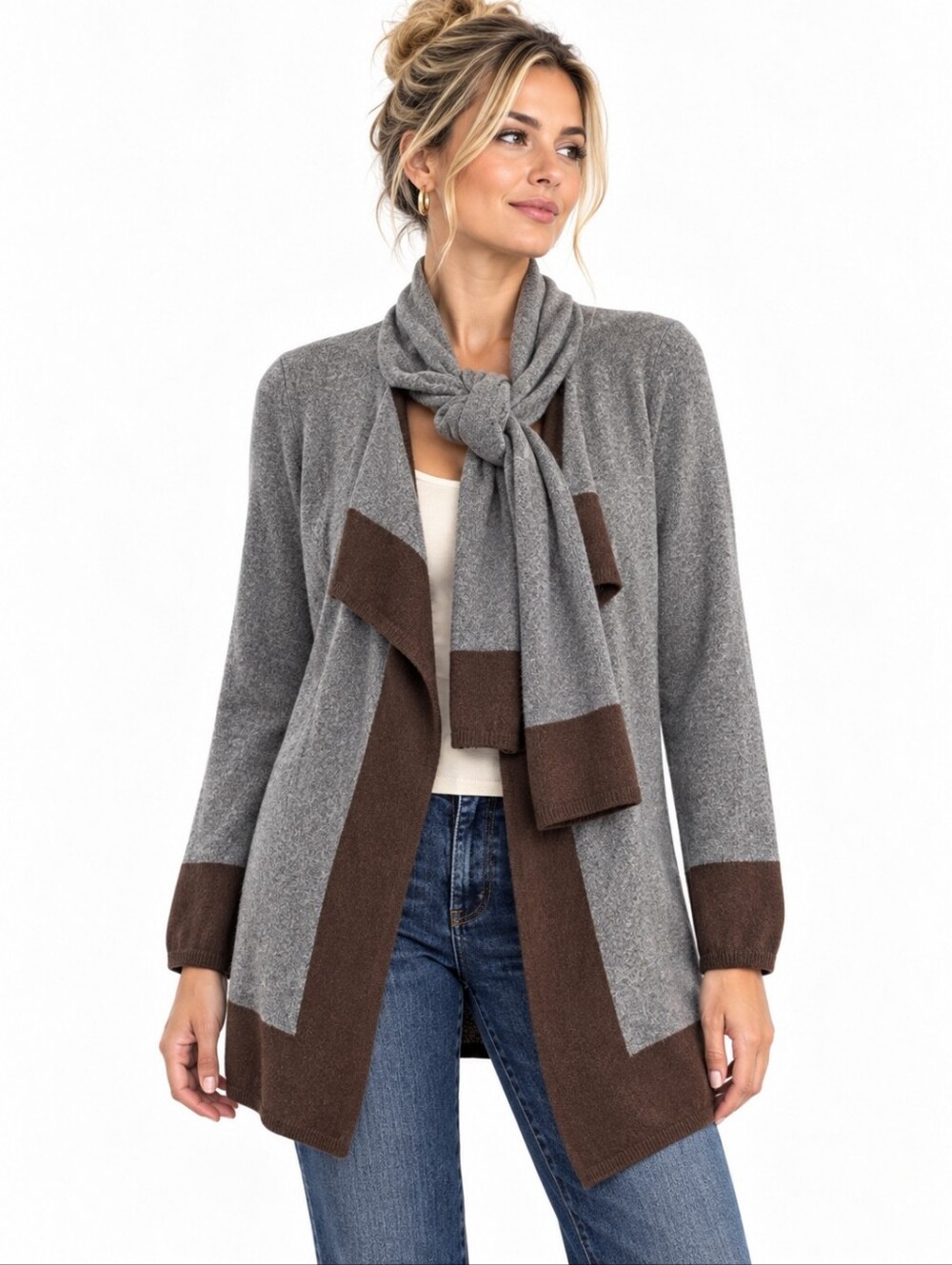 Lauren Ralph Lauren Wool Cashmere Cardigan Attached Scarf Petite P/M Gray Brown